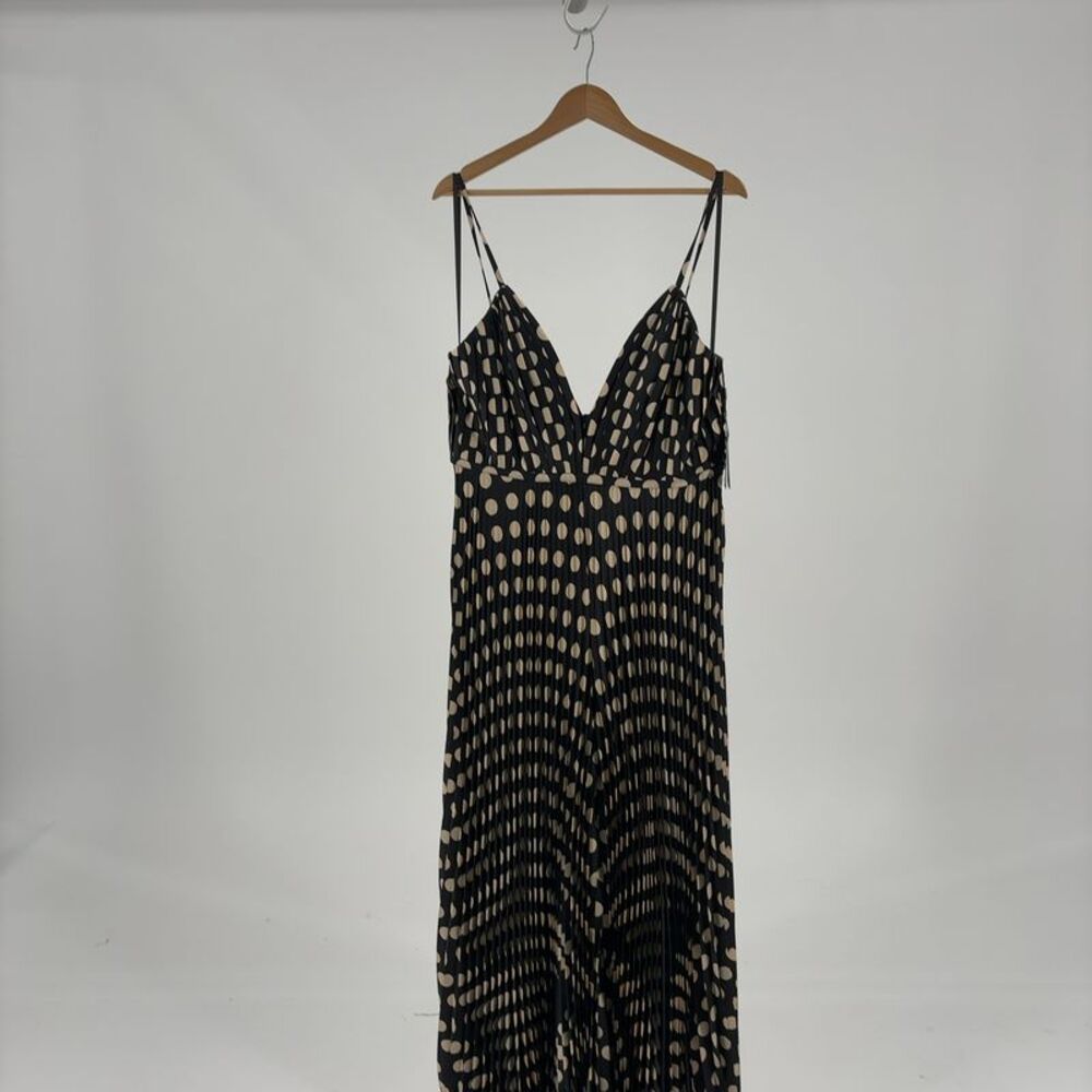 Mac Duggal Polka Dot Pleated Wide-Leg Deep V-Neck Jumpsuit